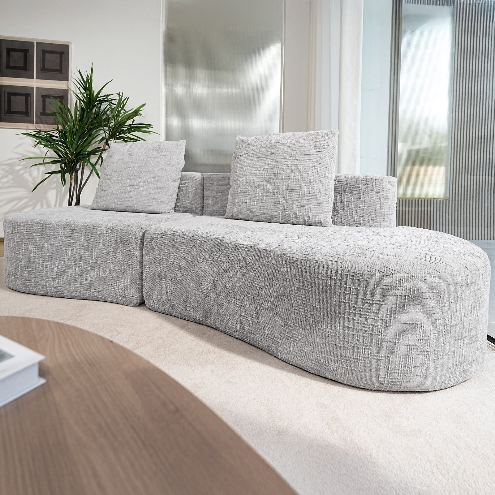 Patbrela 98" Modern Art Sofa Oversized Curved Couch, 38 Inch Extra Deep Seating Upholstered Sofa for Living Room, Office & Apartment, Linen Upholstery, No Assembly, Light Gray