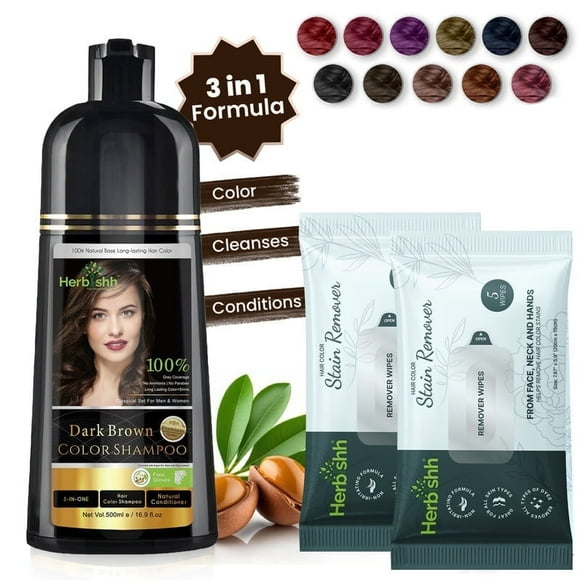 (4 pack) Herbishh Dark Brown Hair Color Shampoo 3-in-1, 100% Gray Coverage, Ammonia-Free, 500 ml, with 2 Stain Removers