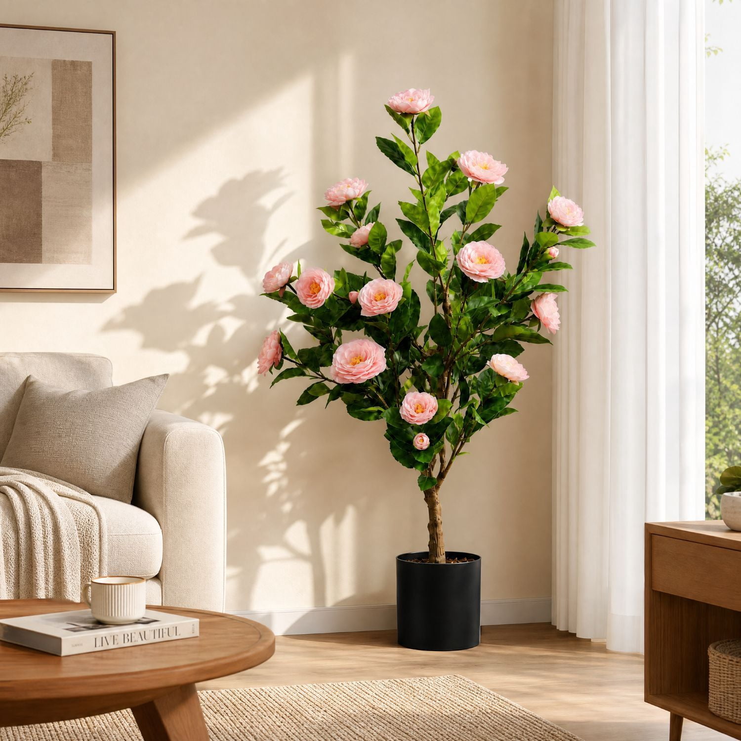 Easy4Home 3.3FT Artificial Flower Plant Fake Camellia Tree Potted Indoor, Pink