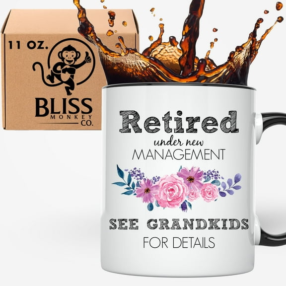 Bliss Monkey Co. Retired Under New Management - See Grandkids For Details - Retirement Gift - Funny Retirement Cup - 11 Ounce Coffee Mug - BMCM00139