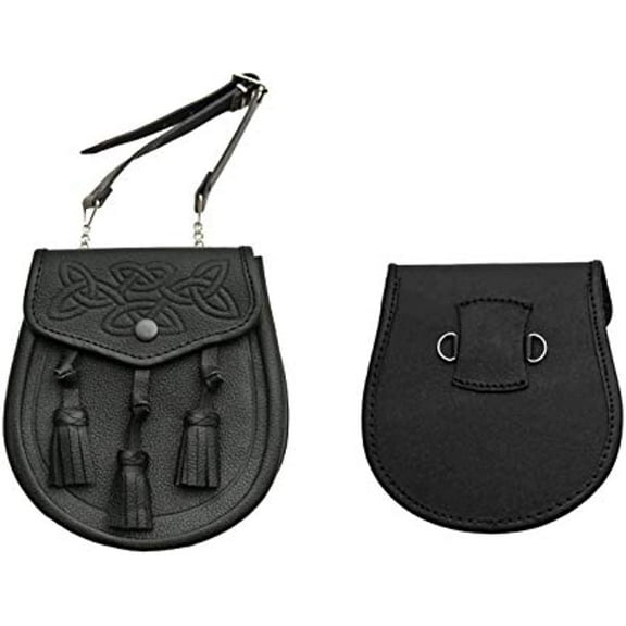 SZCO Supplies Black Leather Celtic Knot Sporran with Tri Tassels – Traditional Kilt Sporran with Belt and Chain