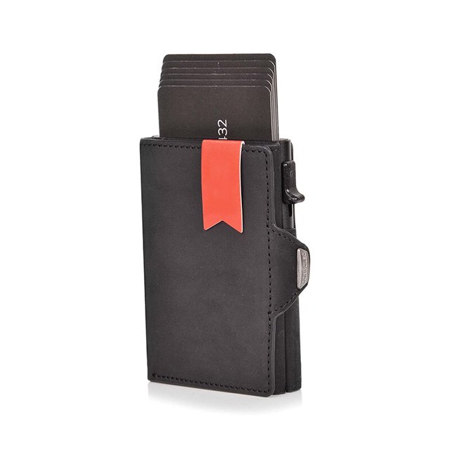 Estuche Pop-Up para tarjetas de crédito con protección RFID, billetera de cuero genuino con compartimento para billetes y monedas para hombres y mujeres