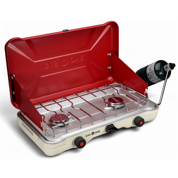 GasOne PS-2500RWA Portable Camping Stove – Double Propane Stove with Auto Twist Turn Ignition – 22,000 BTU Camping Cooktop with 2 Burners and Wind Guard – Ideal for Tailgating, Fishing, Travel, Red