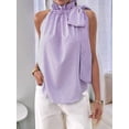 thumbnail image 5 of Women's Sleeveless Striped Ruffle Tank Tops High Necked Tie Top Blouse for Daily Wear Purple M, 5 of 10