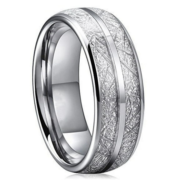 Wedding Ring Men Women. 8mm Silver Tungsten Wedding Band Double Meteorite