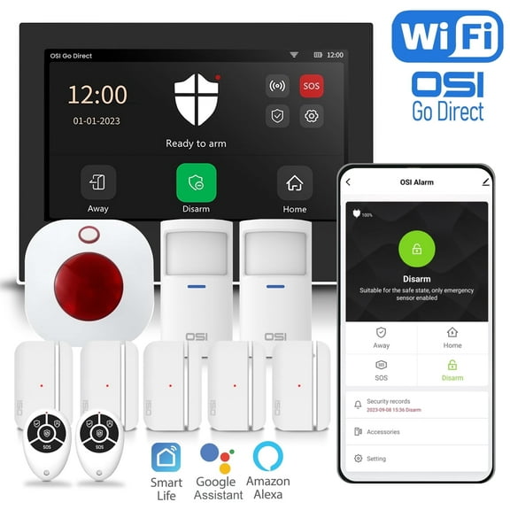 OSI Alarm System for Home Security (Gen 2)11 piece. DIY, Touch Screen, Motion Detection, Contact sensors, Wireless Siren, Remotes, Phone App, Compatible with Alexa, Continuous Updates,NO Monthly Fees