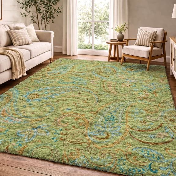 Addison Rugs Dream Shag Premium Machine Washable Transitional Paisley Aloe Rectangle Rug, 10' x 14'