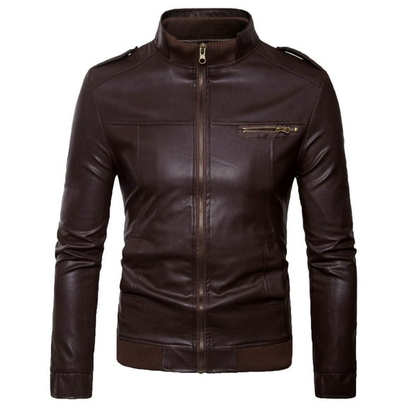 Herrnalise Men's Fashion Casual Work Clothes Leather Coat Long Sleeve Lapel Pocket Zipper Fitted Jacket Suit Coat Coffee