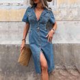 thumbnail image 5 of Plus Size Lapel Button Down Denim Midi Dress Short Sleeve High Waist Split Dress for Spring Summer Daily Dating, 5 of 8