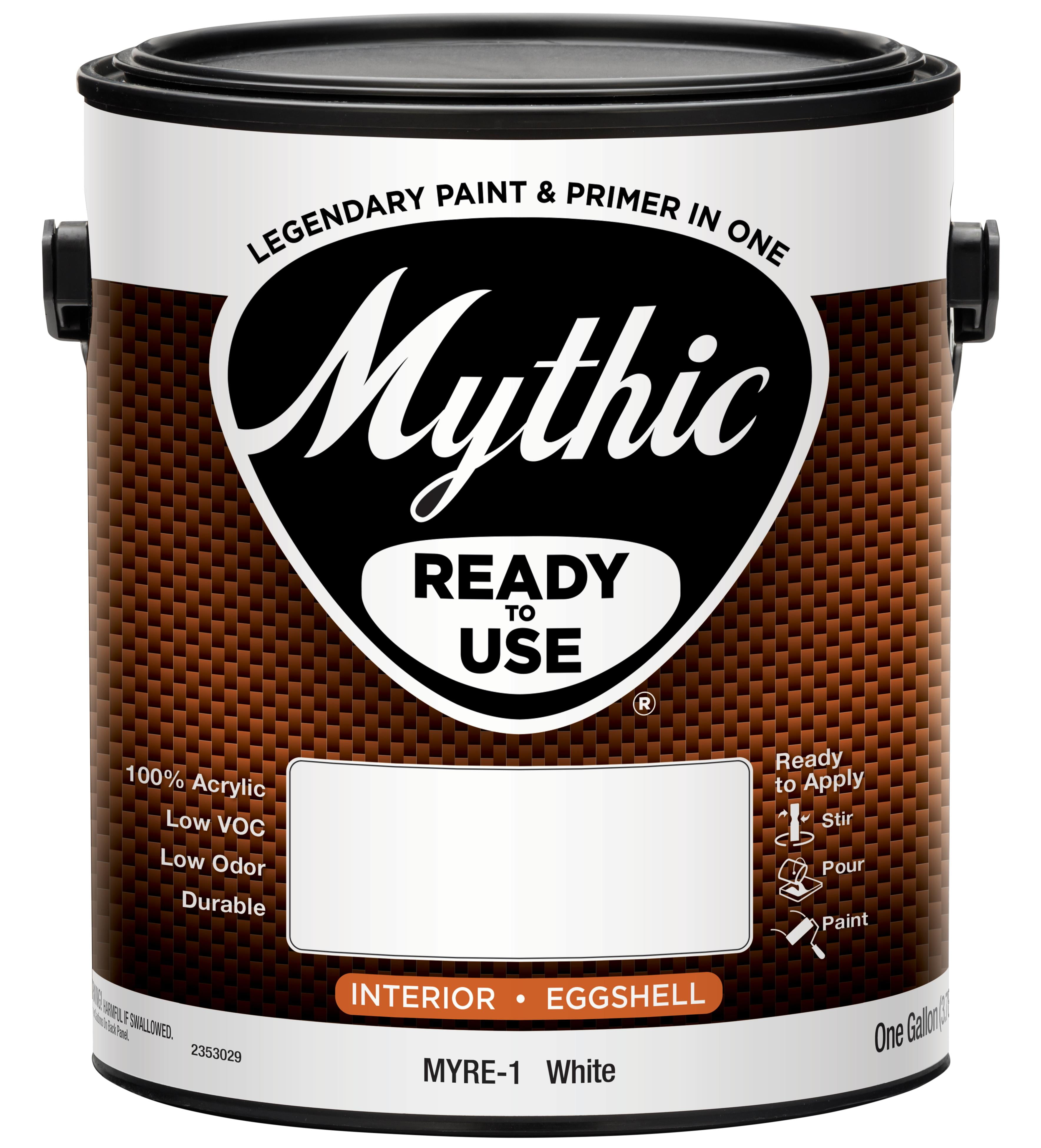 Mythic Ready to use Colors, Gallon, White, Interior Eggshell Acrylic Latex Paint, Non-Spatter Formula, Quick Dry, Easy Soap & Water Clean Up, VOC Less Than 50 Grams Per Litre.