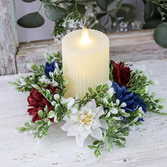 4th of July Candle Rings - 9.84" Artificial Flower Wreath Red Blue White Patriotic Candle Holder, Tables Centerpieces Home Farmhouse Decor for Independence Day Memorial Day