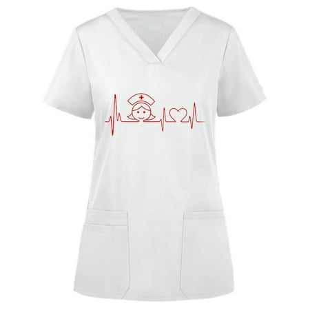 

Heart Printed Working Uniform Women Short Sleeve V Neck Tops Working Pure Color Pocket Blouse Scrubs Top Working Uniform Nurses