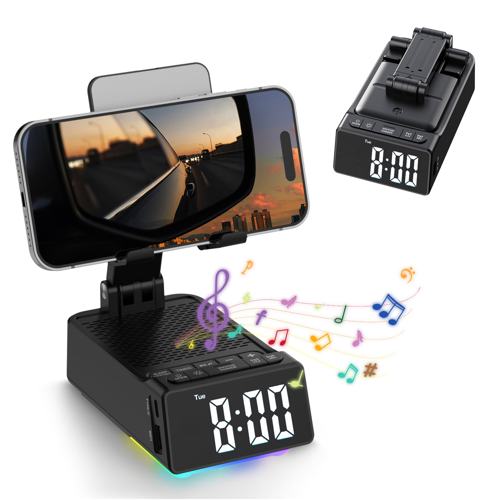 7-in-1 Cell Phone Stand with Bluetooth Speaker and Alarm Clock, Adjustable Phone Holder with HD Stereo Sound, Compatible with iPhone, Android Phones & Tablets, Gift for Women and Men