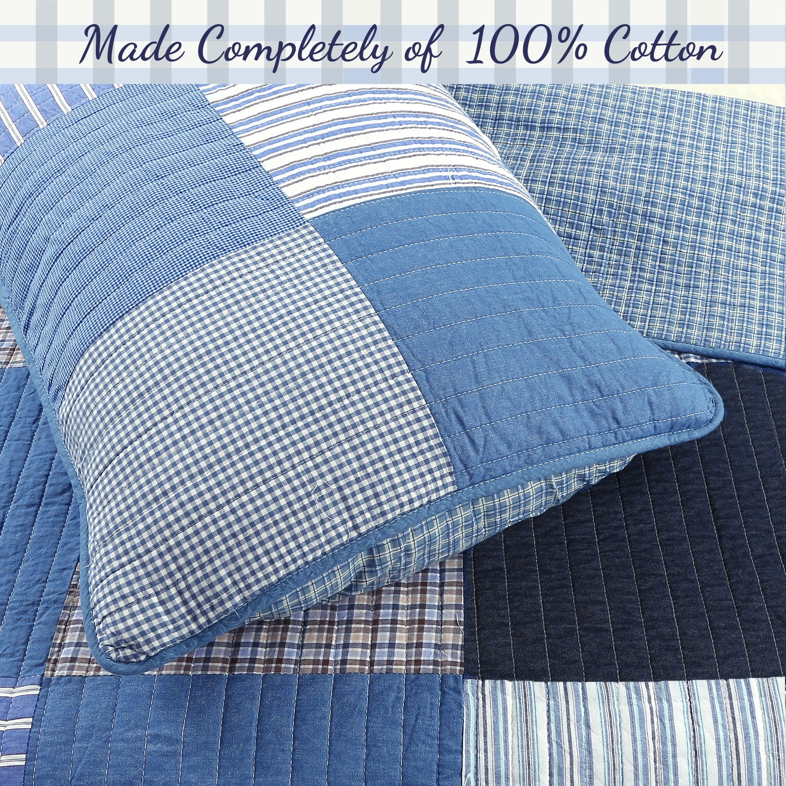 Cozy Line Home Fashions Cozy Line Blue Jean Plaid Stripe Tartan Patchwork Cotton Reversible Quilt Bedding Set Queen