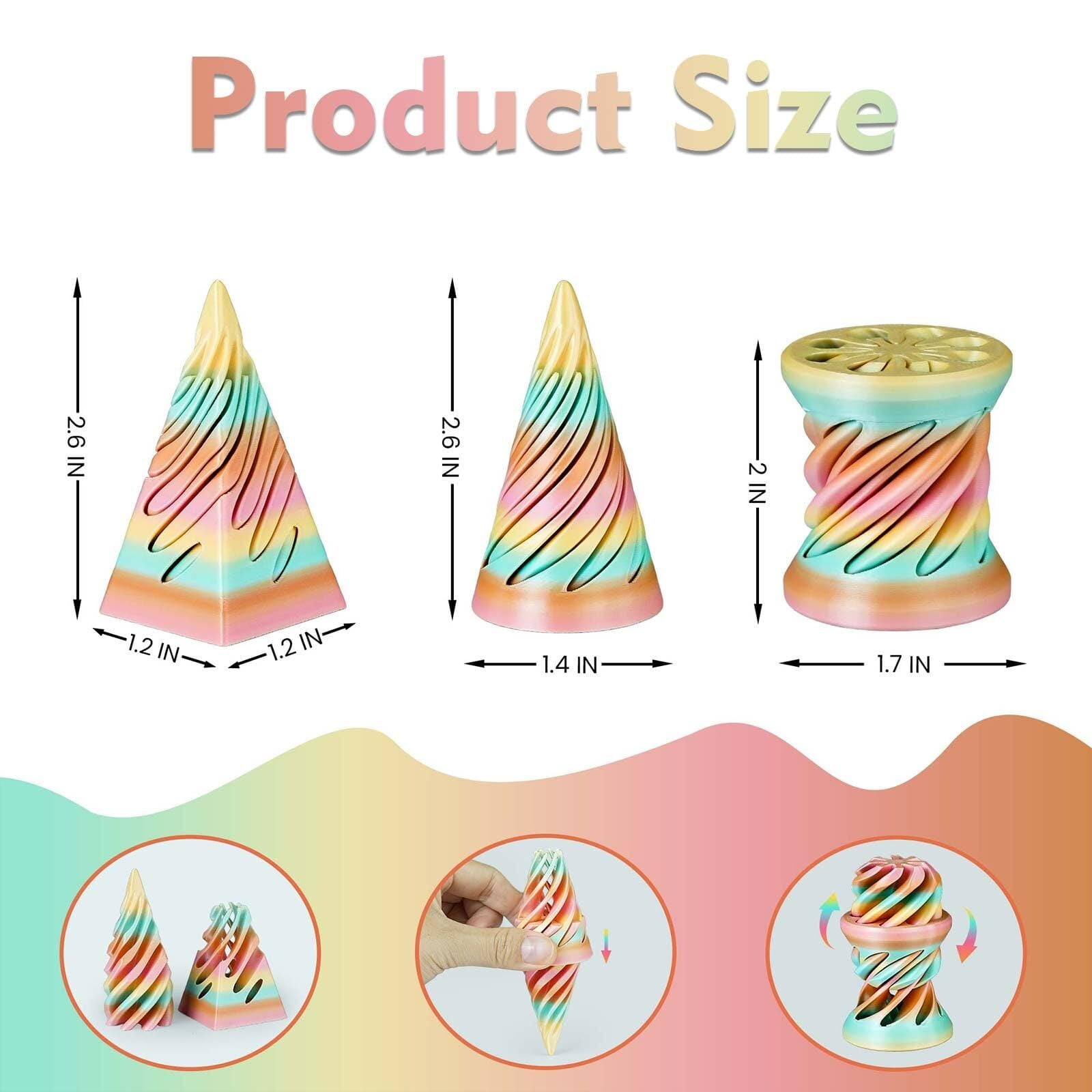 Impossible Cone 3pcs, 3D Printed Spiral Fidget Pyramid Pass Through Sculpture, Stress Relief Stocking Filler White Elephant Gift