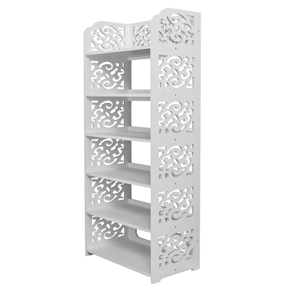 Wood-plastic Board Six Tiers Carved Shoe Rack - White - Stylish Waterproof Storage for Entryway, Living Room & Bedroom