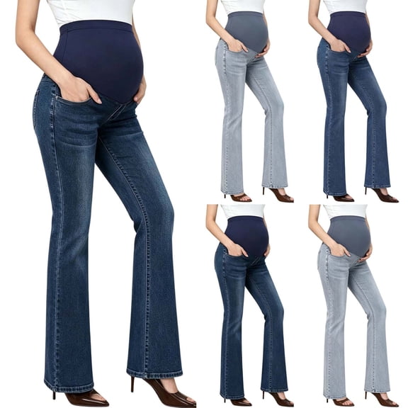 Miqool Women's Stretch Maternity Jeans Over The Belly Bell Bottoms Flare Denim Pants Support Bootcut Pants Pregnancy Clothes