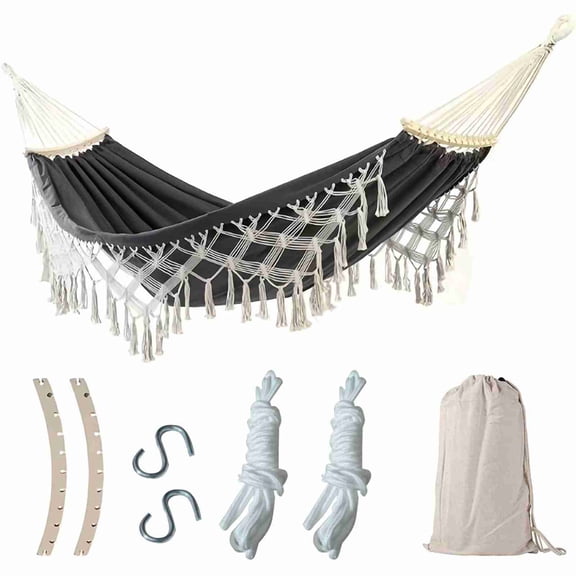 Xirurus Double Macrame Canvas Hammock – 2‑Person Swing Bed with Tassels, Anti‑Roll Crescent Pole, Carrying Bag – Ideal for Patio, Beach, Camping