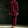 thumbnail image 4 of Szluipve 2 Piece Sets for Women Velvet 2 Piece Outfits Collared Half‑Button Lantern Long Sleeve Top Elastic Cuff Jogger Pants Set Casual Loose Matching Loungewear Suit With Pockets Wine S, 4 of 6
