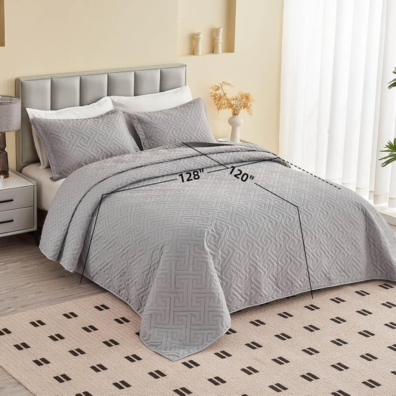 Oversized Quilt Set 128x120 for Extra Tall King Bed - Reversible Lightweight Grey Comforter with 2 Pillow Shams