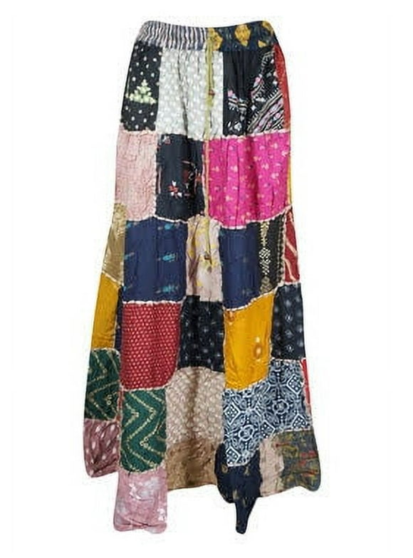 Mogul Womens Maxi Skirt, Pink Summer Skirt, Gujarati Patchwork Handmade Vintage Boho Chic Long Skirts S/M/L