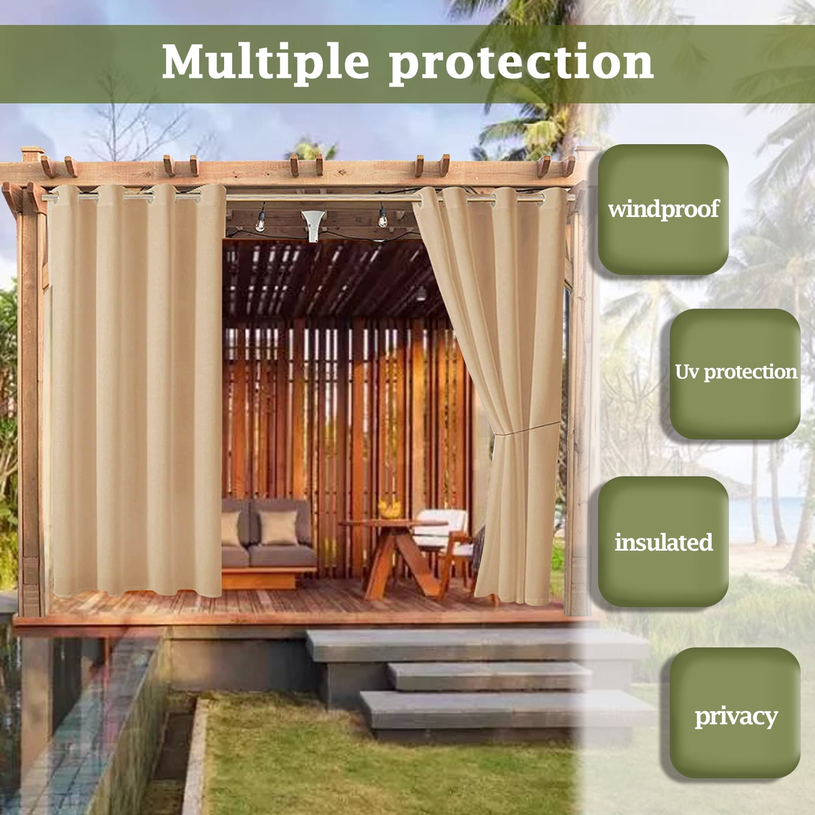 SHANNA Indoor/Outdoor Curtains - Grommet Top Waterproof Windproof Privacy Blackout Drapes for Garden Porch Gazebo Patio, Beige Yellow, 52*108 in, 2 Panel