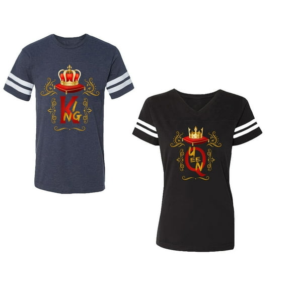 King Queen Gold Crown Unisex Couple Matching Cotton Jersey style T-Shirt Contrasting stripes on sleeves (Men Navy / Women Black) (Men S / Women S)