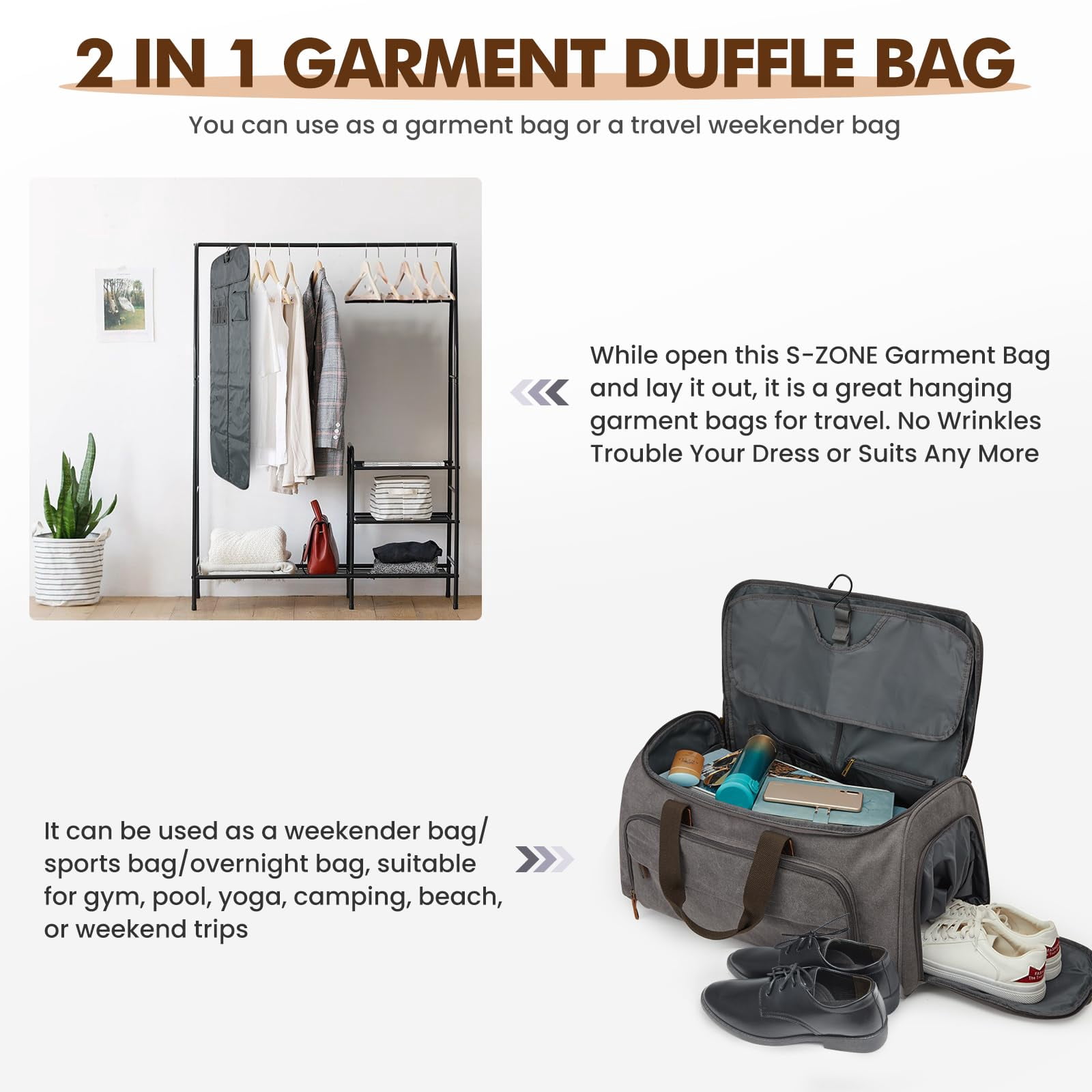 S-ZONE Carry On Garment Bag for Travel, 2 in 1 Convertible Garment Duffle Bag with Toiletry Bag, Hanging Suitcase for Men and Women, 50L