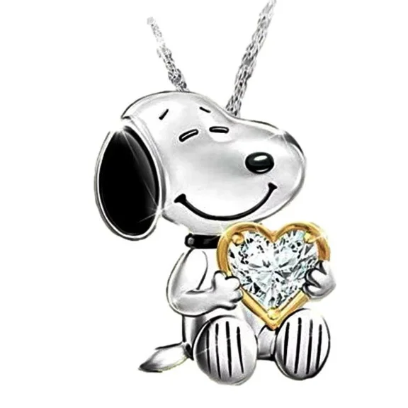 Peanuts Cartoon Dog Sitting with Faux Rhinestone Heart Silvertone Necklace