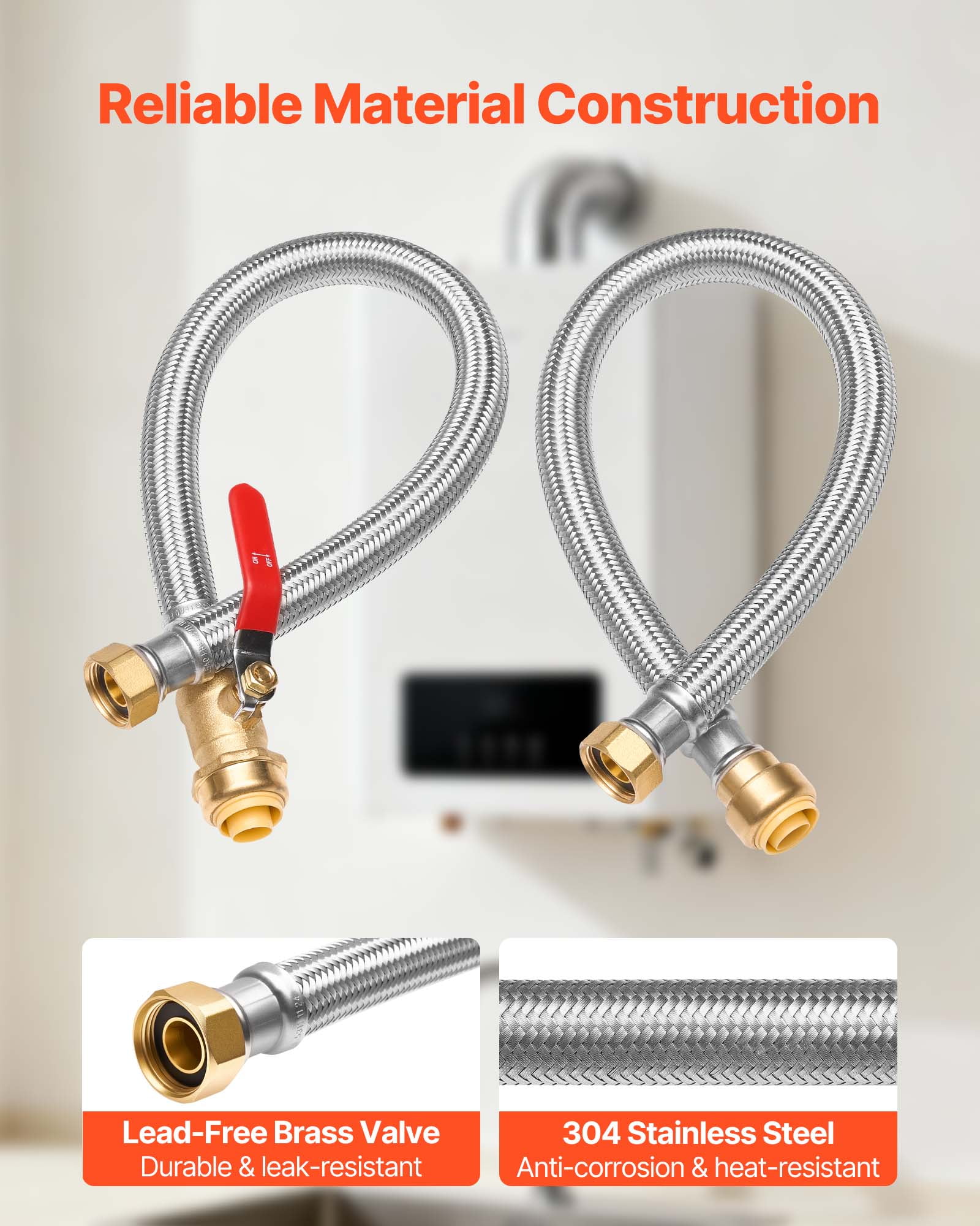 VEVOR Water Heater Kit, Push-Fit Valve Flexible Water Heater Connector with 3/4" FIP x 3/4" PTC Ball Valve, Stainless Steel Braided Waters Heaters Supply Line for Bathroom, Kitchen, Laundry Room