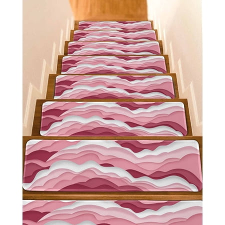 Pink Ombre Stair Treads for Wooden Steps Indoor Runner Rug Carpet Modern Geometric Abstract Art Moire 15 Pieces Peel and Stick Staircase Step Treads Covers Washable Throw Door Mats 30 x8