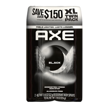 AXE Body Spray Deodorant 48 Hour All Over Fresh Black Aluminum Free, 3.9 oz 2 pack