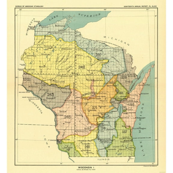 Historic State Map - Wisconsin - Lake Superior - Hoen 1896 - Vintage Wall Art