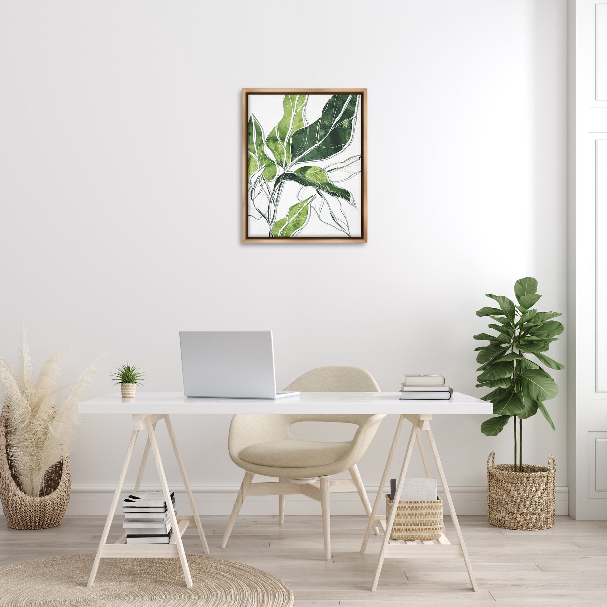 Stupell Industries Expressive Palm Leaf Linework Botanical & Floral Painting Brown Floater Framed Canvas Art Print Wall Art, 25 x 31