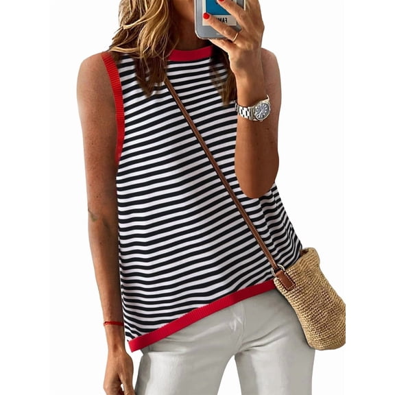 Womens Summer 2025 Casual Striped Color Block High Neck Tank Top Loose Knit High Low Sleeveless Shirts Red L