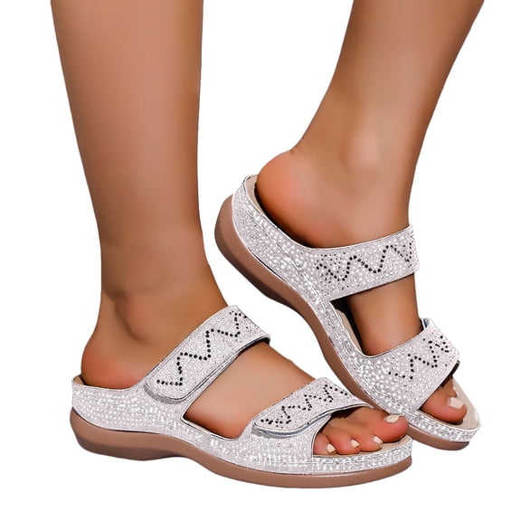 Rokment Glitter Rhinestones Orthopedic Wedges Slides Sandals for Women with Arch Support Comfortable Sparkly Leather Platform Orthotic Slip on Dressy Beach Shoes Beige Size 6