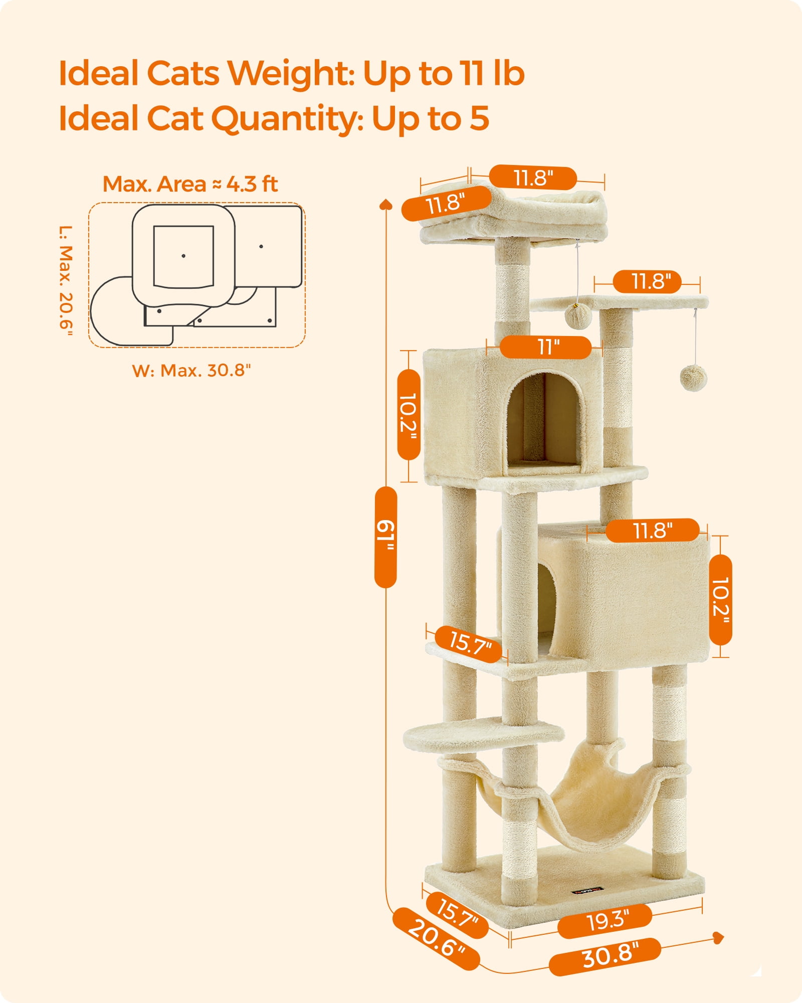 61"H Cat Tree Cat Tower for Indoor Cats, Plush Multi-Level Cat Condo with Scratching Posts, Perches, Caves, Hammock, Beige