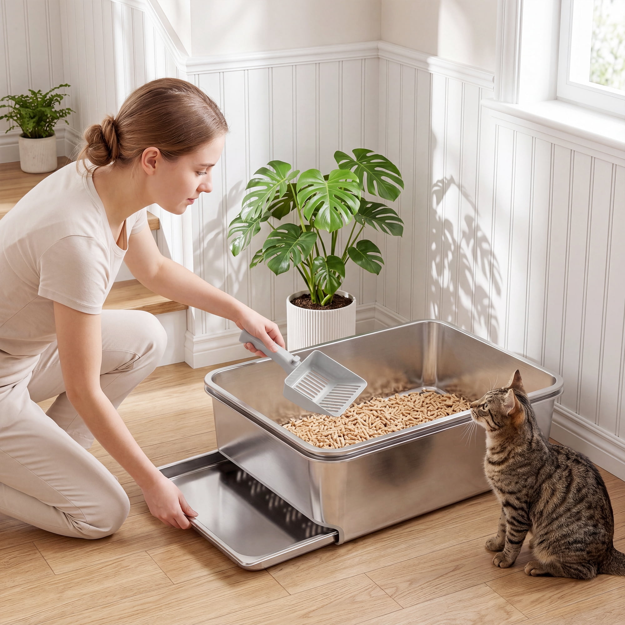 PawHut Stainless Steel Litter Box, XL Sifting Cat Litter Box with High Sides for Medium, Large Cat, Pine Pellets, Non-Sticky, Odour Free, Easy Clean