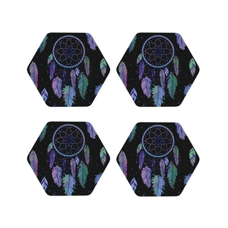 

Matuu Dreamcatcher With Colorful Feathers for Cup Coasters Set of 4 Leather Coasters Desk Coasters for Office Measures 4” x 4”-Hexagon