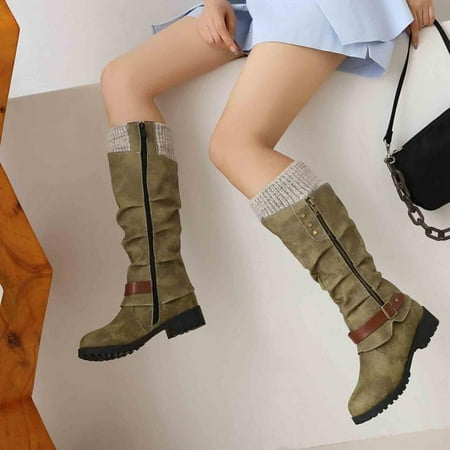 

HOLXI 2024 Popular large size mid-length women s boots new thick heel side zipper wool stitching women s boots