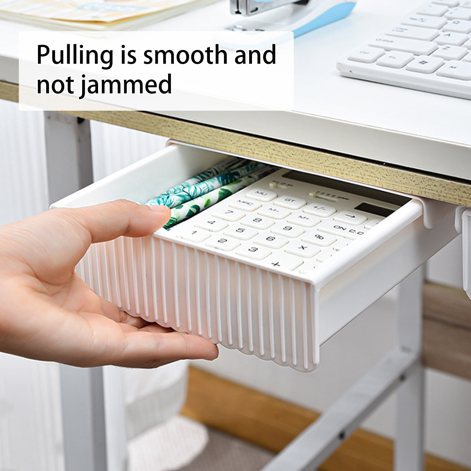 Under Desk Drawer Organizer | 1-Piece White PP Storage Tray | 12.99x9.25x2.95 in | Adhesive Mount for Office & Home