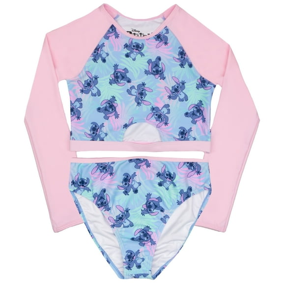 Disney Lilo & Stitch Girls' 2-Piece Swimsuit, Long-Sleeved Rash Guard & Bikini Bottoms, Sizes 2T-6X