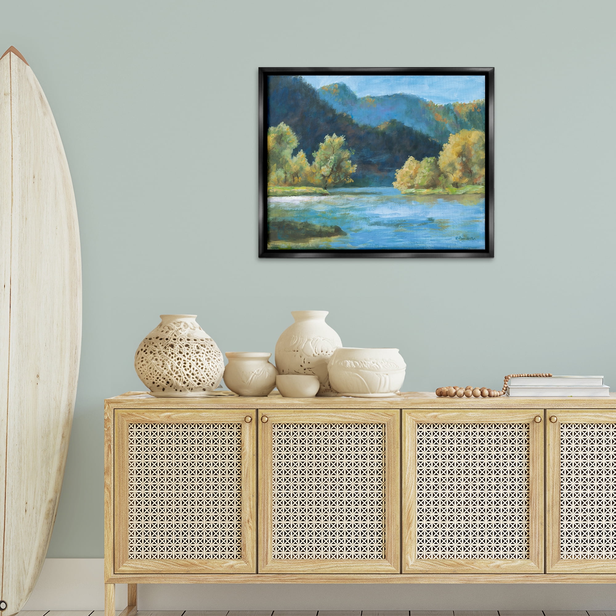 Stupell Industries Blue Hued Mountains Landscape & Nature Painting Black Floater Framed Canvas Art Print Wall Art, 31 x 25
