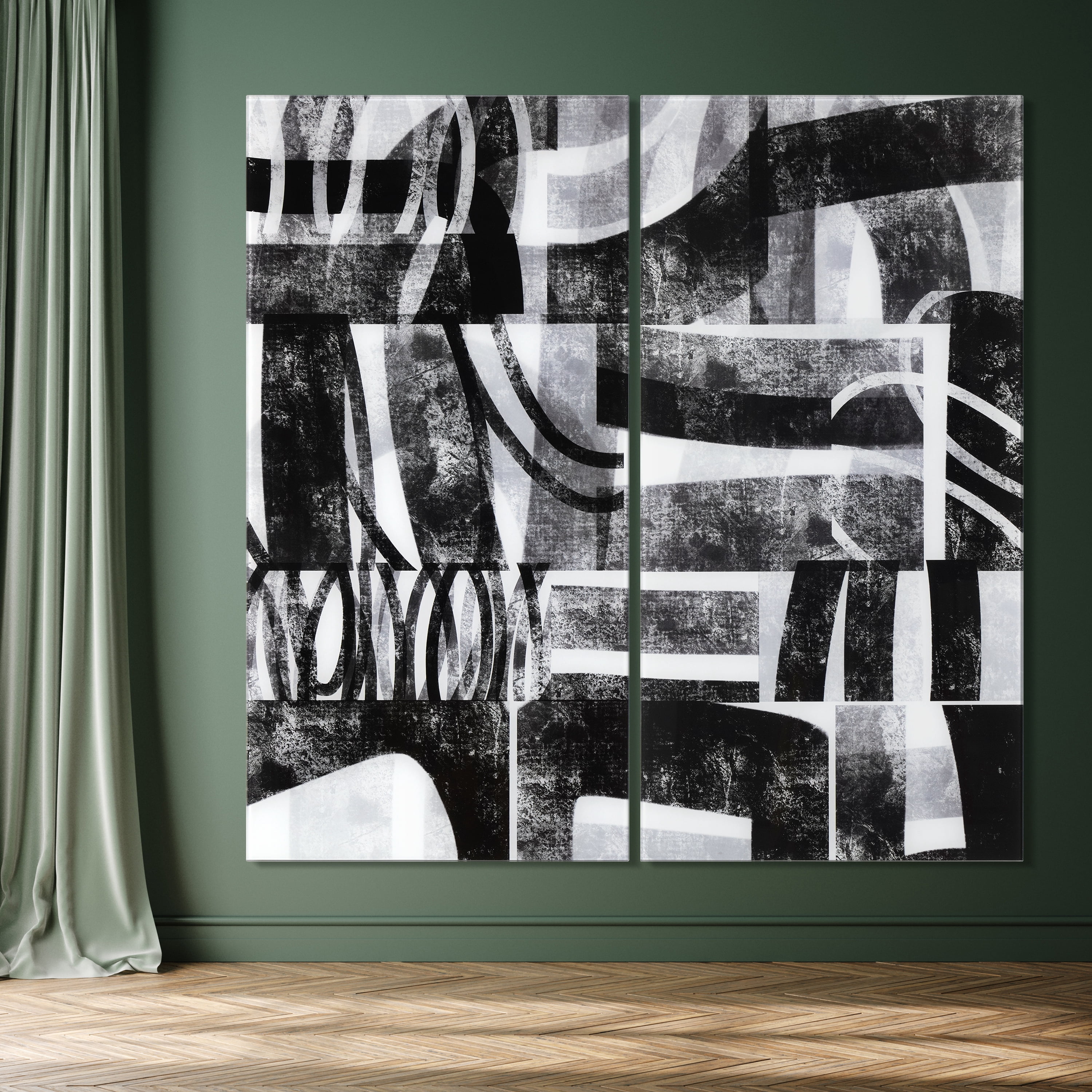 "Compartment A & B" Oversized 72"x 36" Frameless Free-Floating Reverse Printed Tempered Art Glass Panels Set