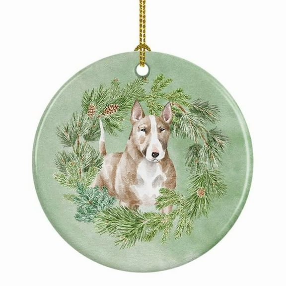 Bull Terrier Red and White Christmas Wreath Ceramic Ornament 2.8 in x 2.8 in