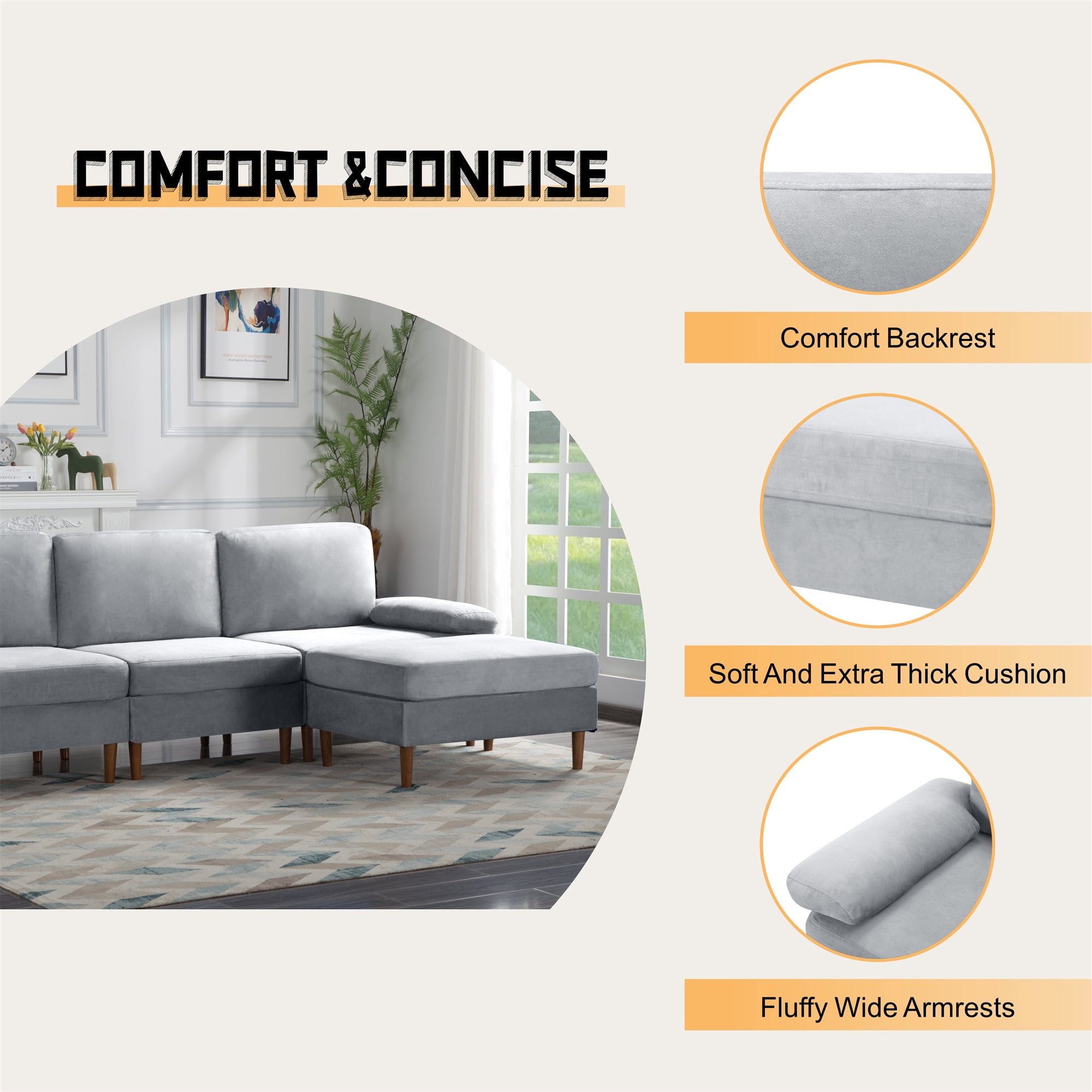Aukfa 100" Velvet Sectional Sofa Modular Couch with Chaise for Living Room, Gray