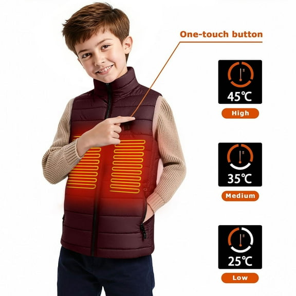 Kids Heated Vest 9 Heating Zones USB Charging Waterproof Windproof Warm Winter Vest Wine L