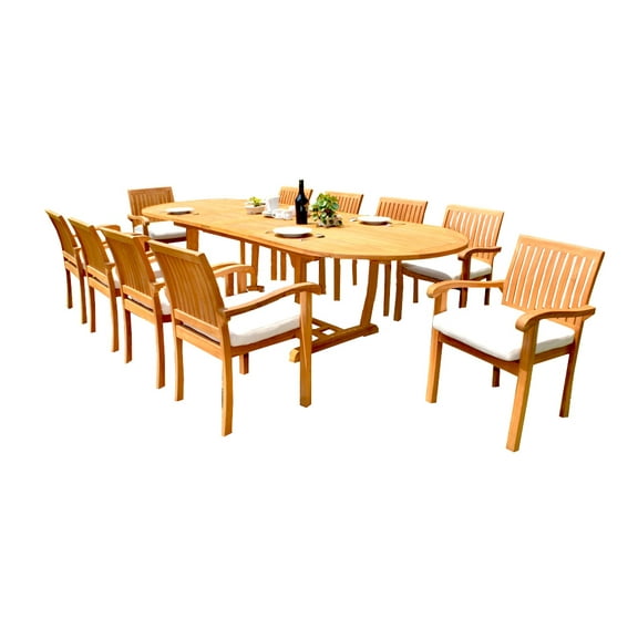 11 PC A Grade Outdoor Patio Teak Dining Set - 117" Double Extension Masc Oval Table & 10 Naples Stacking Arm Chairs