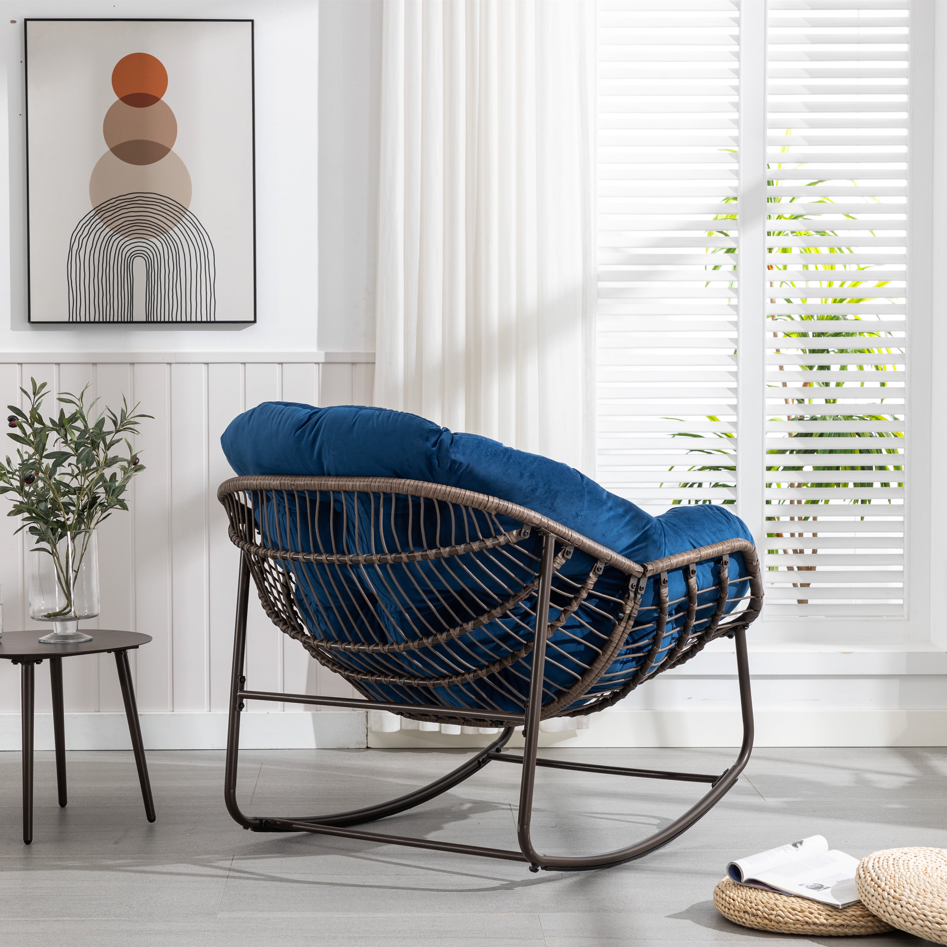 MOONMISS Rattan Rocking Chair, Indoor & Outdoor Comfy Rocker Chair with Thick Cushion, Modern Lounge Chair for Balcony, Porch, Garden, Backyard, Deck, Navy