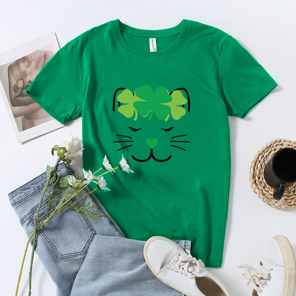 Green Clovers with Leaves St Patricks Day Mens T Shirts Graphic Funny Body Print Short T-Shirt Unisex Pullover Blouse
